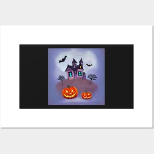 Spooky Purple Haunted House With Three Horned Bats and Pumpkins digital painting Posters and Art